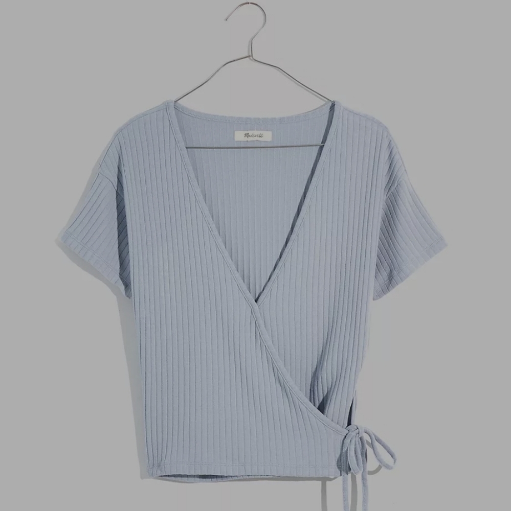 Madewell Ribbed Wrap Crop Top Dusty Blue NWT